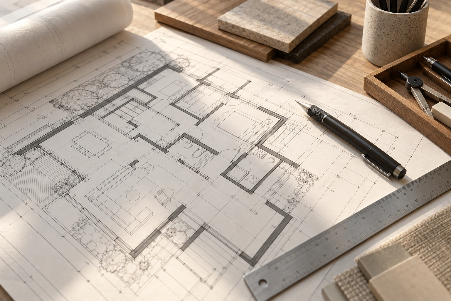 Planos arquitectónicos y herramientas de dibujo