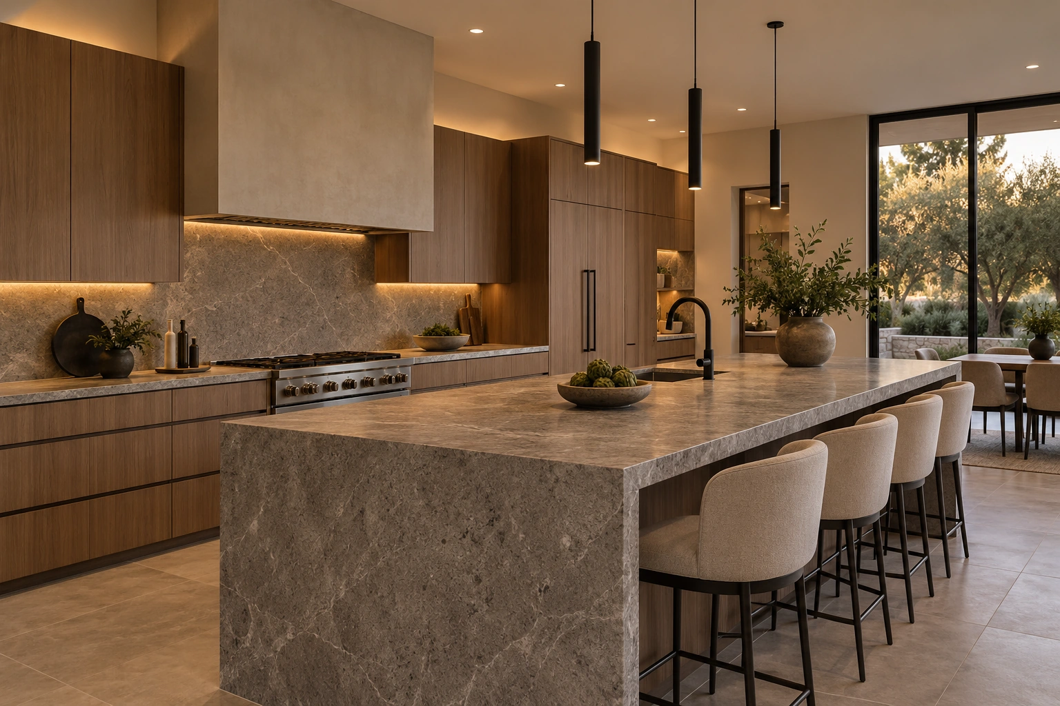 Cocina remodelada con isla de piedra y acabados modernos